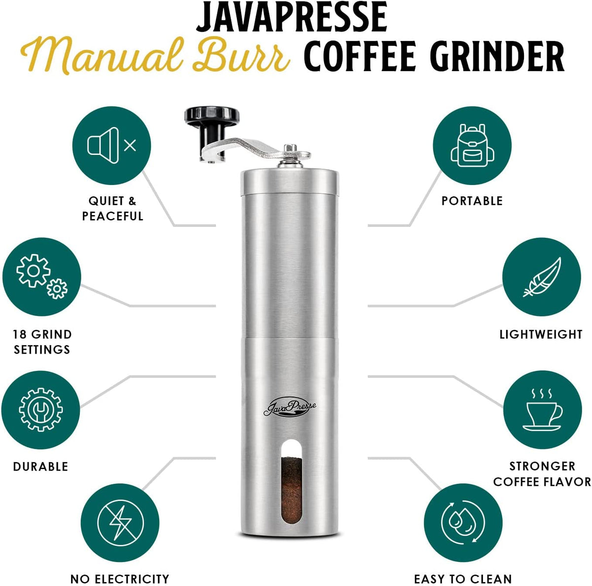 JavaPresse Manual Coffee Grinder with Adjustable Settings Stainless St –  Kaffa Abode