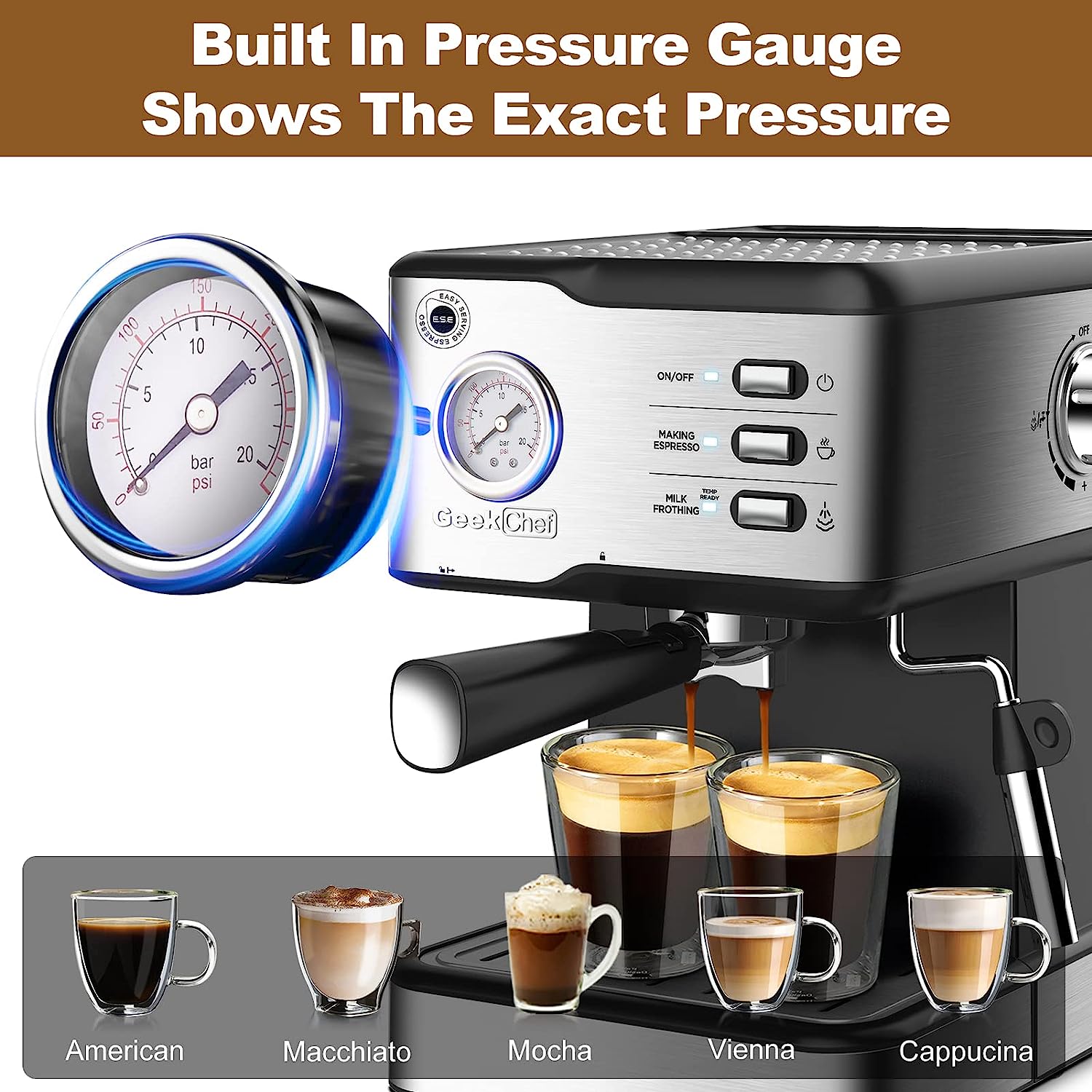 Geek Chef 20 Bar Pump Espresso Cappuccino latte Coffee Maker with