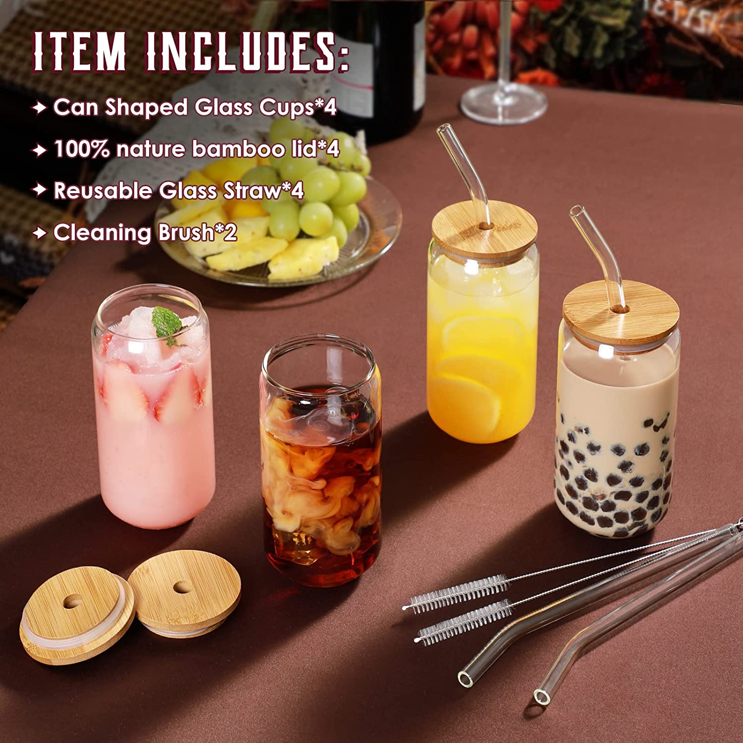 Drinking Glasses with Bamboo Lids and Glass Straw 4pcs Set - 16oz