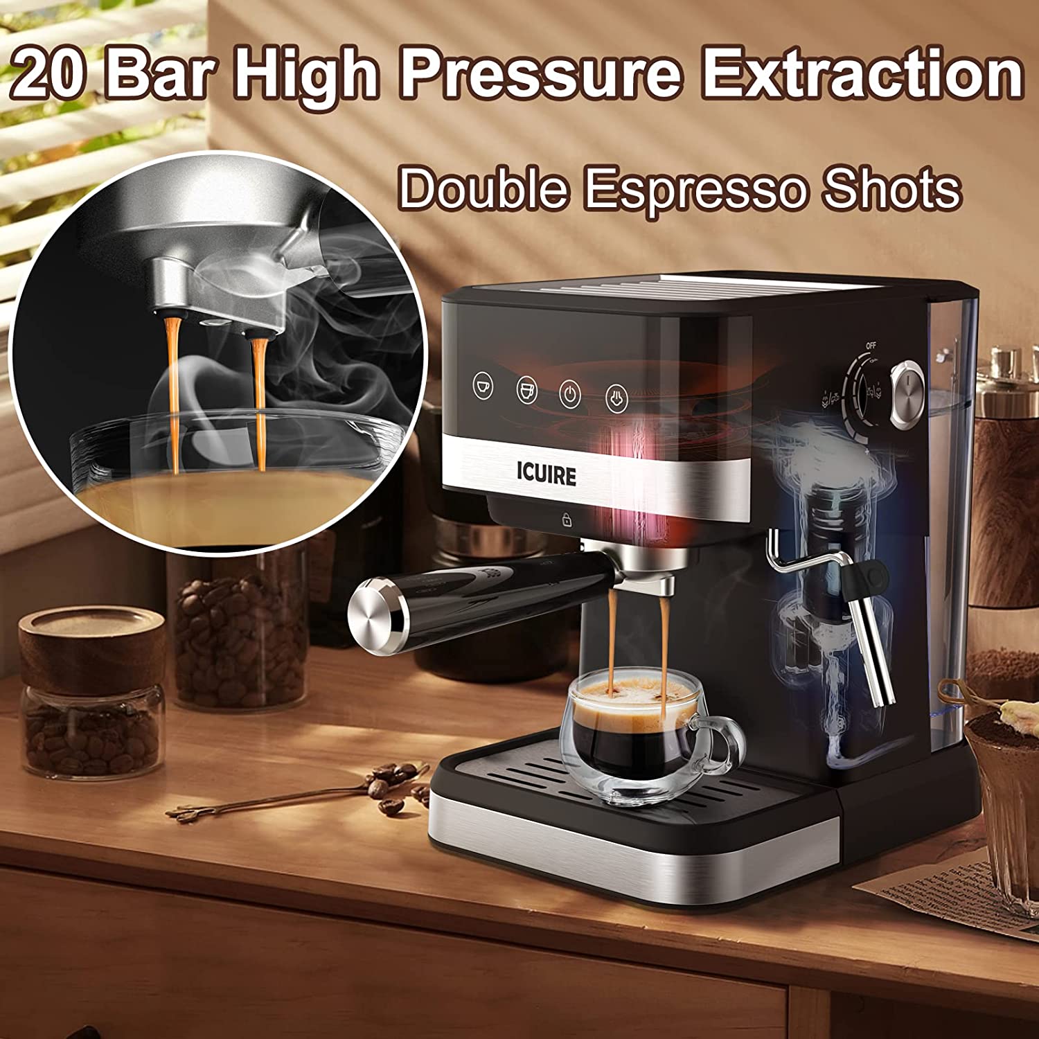  ICUIRE Espresso Machine with Milk Frother, 20 Bar