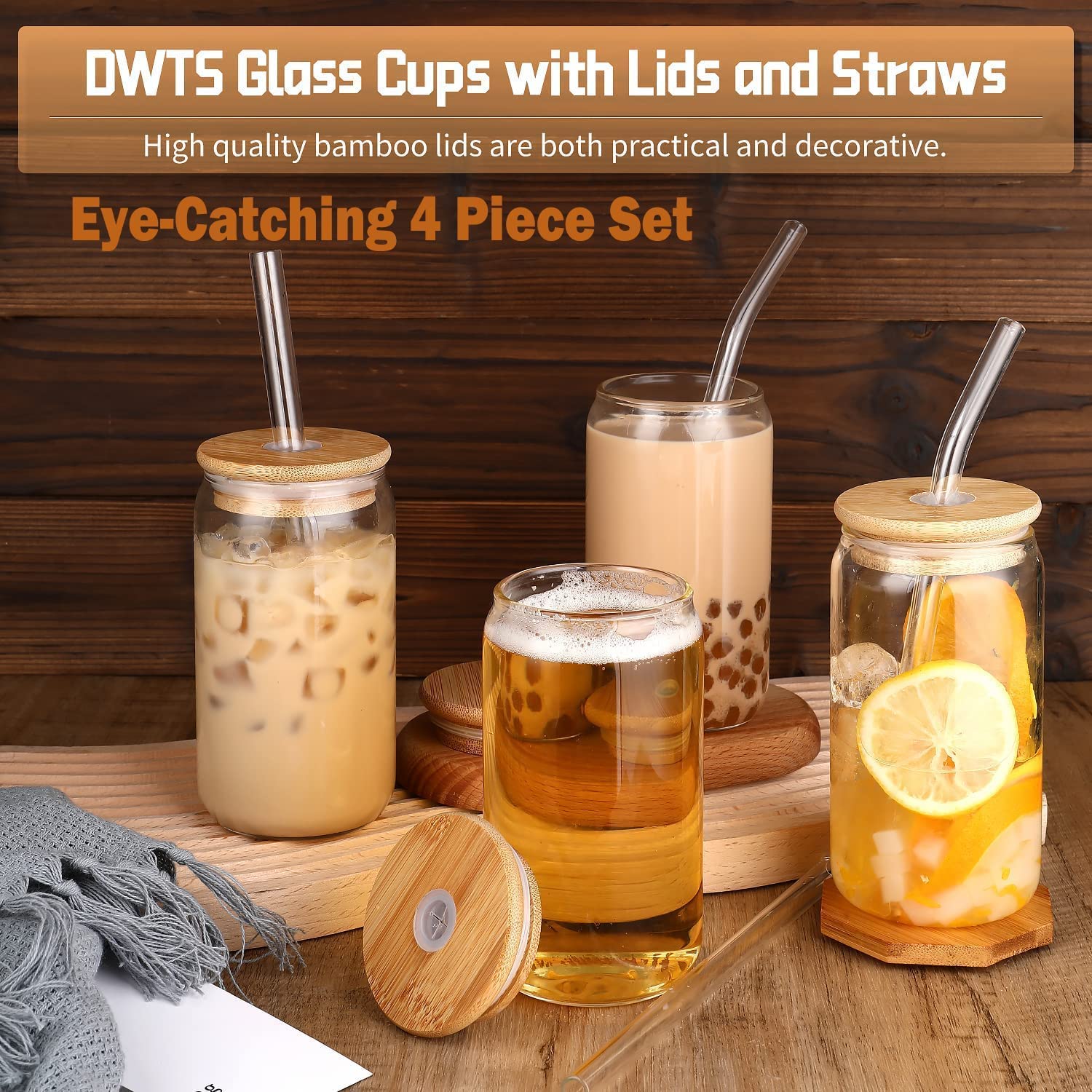 Glass Cups with Lids and Straws 4pcs Set-DWTS DANWEITESI 16oz Iced